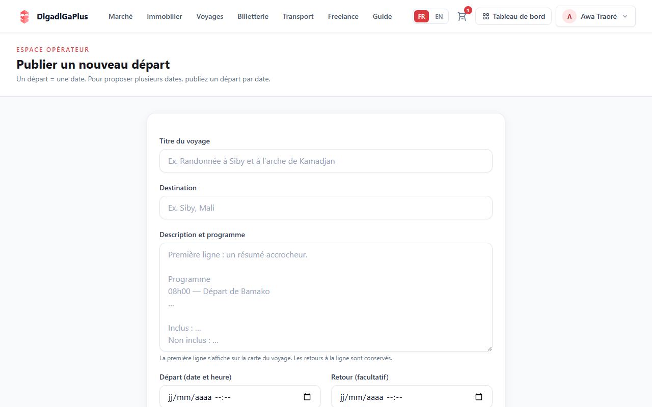 Publiez un départ — capture d’écran DigadiGaPlus