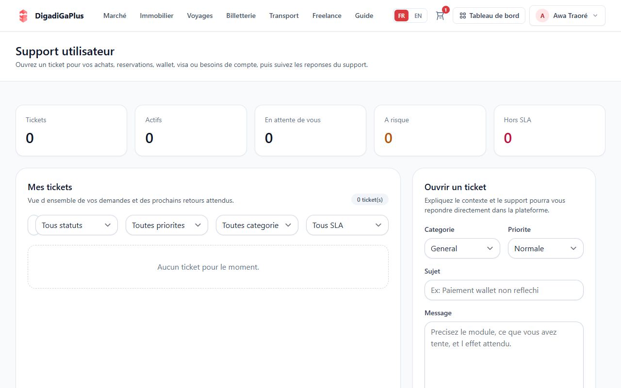 Ouvrez l’espace support — capture d’écran DigadiGaPlus